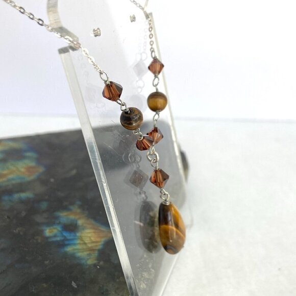 Sterling Silver 925 Beaded Tigers Eye Teardrop Pendant Necklace 18" Cable Chain - Picture 11 of 16
